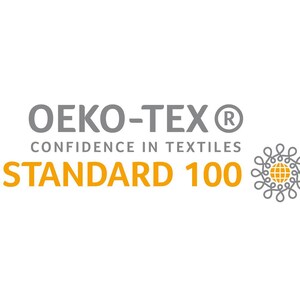 Puede incluir: Un logotipo gris y blanco con el texto "OEKO-TEX&reg; CONFIDENCE IN TEXTILES STANDARD 100". A la derecha del texto hay un c&iacute;rculo gris estilizado con un globo terr&aacute;queo en su interior.