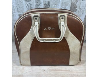 Bolsa de bolos vintage AMF, color beige y blanco, de piel sintética, con soporte interno para una bola.