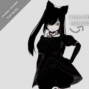 May include: A digital illustration of a character in a black outfit with cat ears and long black hair. The character has light skin and brown eyes. Text in the image reads "vtuber model full body" and "A ton of face expressions".