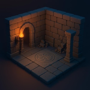 May include: Isometric view of a stone dungeon corner with a lit torch, arched doorway, and a decorative floor pattern. The walls are made of rectangular blocks, and a pillar stands in the corner. The scene is lit with warm, orange light.