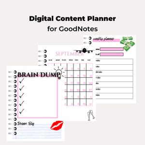 May include: Digital content planner for GoodNotes with a white background. The planner includes a calendar for September, a weekly planner, and a brain dump section. The planner has pink accents and includes illustrations of a plane, money, and champagne glasses.