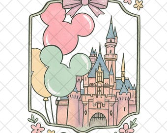 Pastel Disney Castle PNG: Mickey Balloons, Floral Frame (Digital Download)