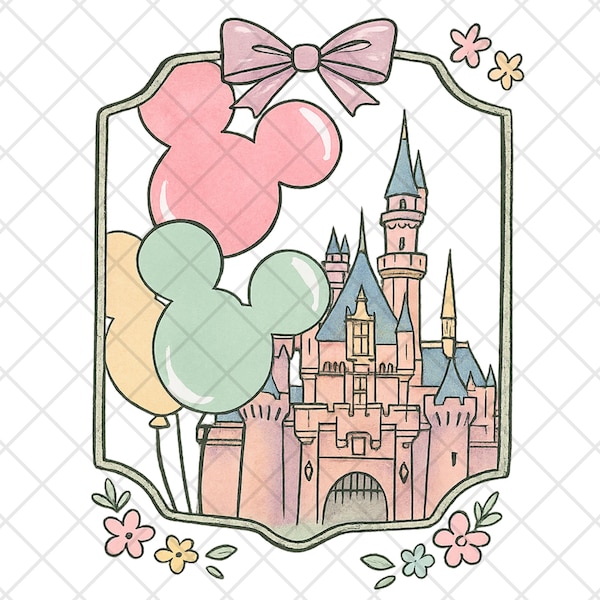 Pastel Disney Castle PNG: Mickey Balloons, Floral Frame (Digital Download)
