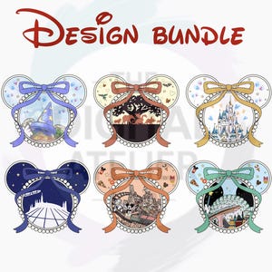 May include: A design bundle featuring six Mickey Mouse ear designs with various themes. Each design includes a bow and a detailed illustration within the ears, such as a castle, a wizard's hat, and a roller coaster. The text "Design Bundle" is at the top.