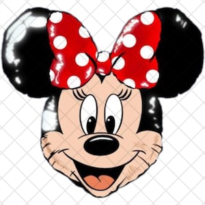 Peut inclure: Illustration de dessin animé d'un visage de souris souriante avec des oreilles noires et un nœud rouge à pois blancs. La souris a de grands yeux, un nez noir et un visage brun clair.