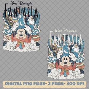 May include: Two digital PNG files featuring a vintage-style illustration of Mickey Mouse from Disney's Fantasia. Mickey is wearing a wizard's hat and robe, surrounded by stylized waves and clouds. The text "Walt Disney's Fantasia" is at the top.