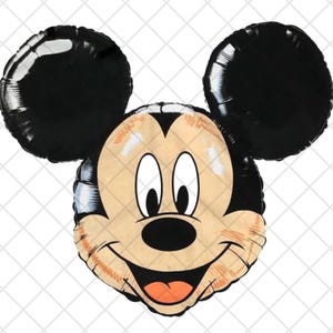 Puede incluir: Un globo con forma de Mickey Mouse con orejas negras y una cara sonriente. La cara es beige con ojos negros, una nariz negra y una lengua roja. El globo está diseñado con un fondo de patrón de cuadrícula.
