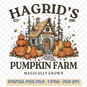 Puede incluir: Ilustración de la Granja de Calabazas de Hagrid. La imagen presenta una cabaña de piedra con techo de paja, rodeada de calabazas talladas, árboles y hojas que caen. El texto incluye "Hagrid's Pumpkin Farm" y "Magically Grown".