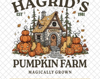 Granja de calabazas de Hagrid PNG: Descarga digital de cabaña de otoño