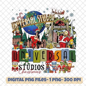 May include: A colorful digital graphic featuring the Universal Studios logo with Christmas-themed elements. The design includes characters from Jurassic Park, The Simpsons, and Marvel superheroes, all in festive attire. The text "UNIVERSAL STUDIOS Christmas" is prominently displayed.