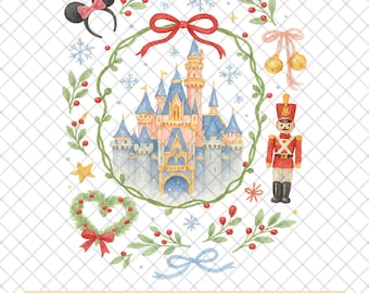 Castillo mágico de Navidad PNG: Orejas de ratón y cascanueces en acuarela