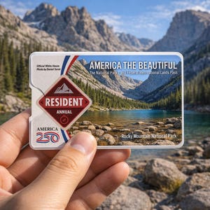 May include: A rectangular "America the Beautiful" pass with a scenic mountain and lake image. The pass includes text that reads "Resident Annual" and "Rocky Mountain National Park". The pass is held in front of a mountain and lake backdrop.