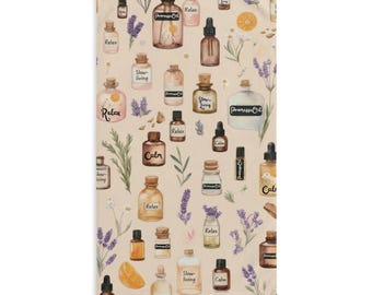 Aromatherapy Bottles SlowLiving Hand Towel  Spa Lavender, Herbal and Citrus Essential Oil Pattern