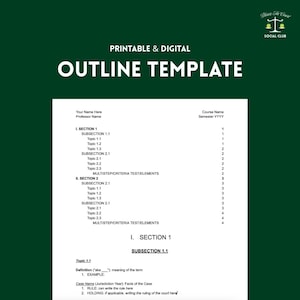 May include: A printable and digital outline template on a dark green background. The text "PRINTABLE & DIGITAL" and "OUTLINE TEMPLATE" are in white. The template includes sections, subsections, and topics for organizing information.