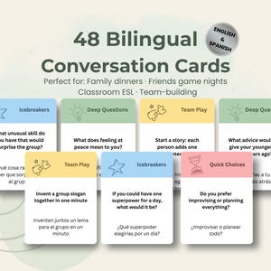 May include: A set of 48 bilingual conversation cards in English and Spanish. The cards are organized into categories like Icebreakers, Deep Questions, and Team Play. The cards are designed for family dinners, game nights, classroom ESL, and team-building activities.