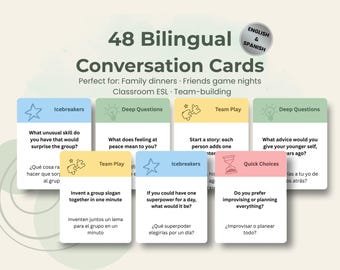 Tarjetas de conversación bilingües / PDF en español e inglés / Rompehielos, Cena familiar, Noche de juegos con amigos, ESL