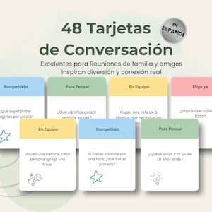 May include: Conversation cards in Spanish, featuring colourful rectangular cards with questions and prompts for family and friends. The cards are designed to inspire fun and real connection.