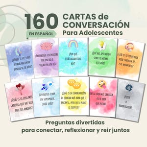 May include: A set of 160 conversation cards in Spanish for teenagers. The cards feature colorful watercolor backgrounds and fun questions to spark conversation. The text on the cards includes questions like "Where do you see yourself in 10 years?"