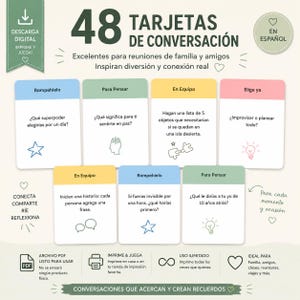 Op de afbeelding: Een set van 48 gesprekskaarten in het Spaans, met kleurrijke koppen en prompts voor groepsinteractie. De kaarten bevatten tekst zoals Rompehielo, Para Pensar, En Equipo en Elige ya, vergezeld van eenvoudige lijntekeningen zoals sterren en gloeilampen.