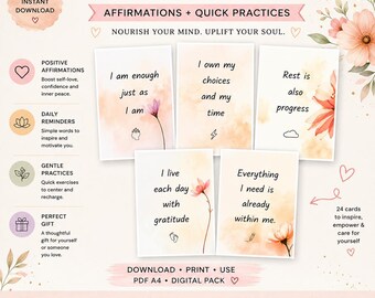 Self-Care Affirmation Cards | Mindfulness, Journaling, Therapy Tool (PDF Download)
