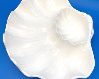 Vintage 12" White Glazed Clam Shaped Chip & Dip, Very EUC