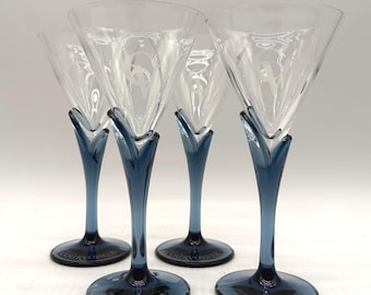4 Luigi Bormioli Florian Blue Tulip Stem 7.25" Martini Glasses, Mint, 80's