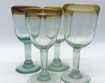 4 Mexican Handcrafted 5.5" Green & Amber Wine Glasses, Mint