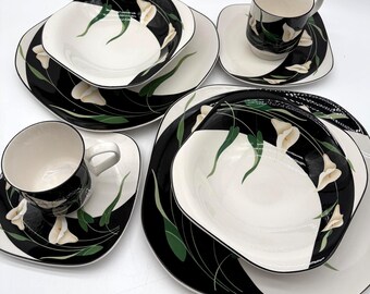 Two 4-piece settings of Sango Quadrille "Black Iris", EUC