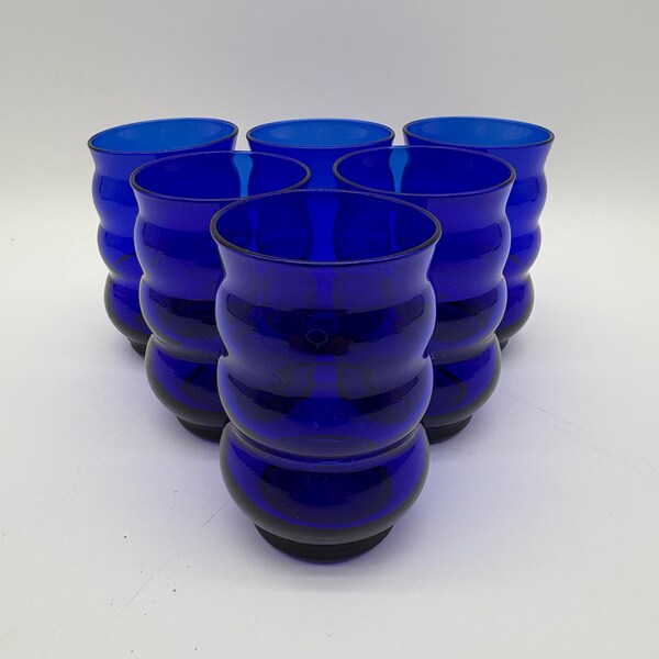 Juego de 6 vasos vintage Art Déco "Harpo" en azul cobalto intenso, 8,9 cm de alto, muy fáciles de usar