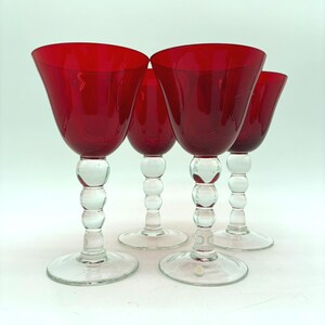 4 Vintage Ruby Red 7.5" Wine Glasses w/ Bubble Stems, Mint