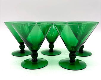5 Vintage Emerald Green Umbrella Martini Glasses, Very EUC