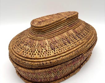 Vintage "Tourist Piece" Tiered Basket w/ Lid, 13." x 8.5", Very Faded Outside