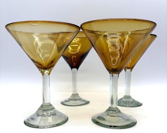 4 Mexican Handcrafted 6.75" Amber Martini Glasses, Mint