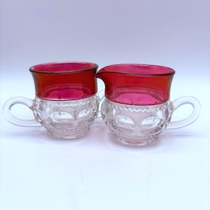 King's Crown Ruby Flash 3" Creamer & Open Sugar Bowl Set, "Thumbprint", ca. '50's