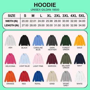 Puede incluir: Una selecci&oacute;n de sudaderas con capucha unisex Gildan 18500 en varios colores, como negro y azul marino. La imagen muestra una tabla de tallas con medidas en pulgadas, equivalentes a anchos de 50.8 cm a 86.36 cm y largos de 68.58 cm a 86.36 cm, tallas S a 5XL.