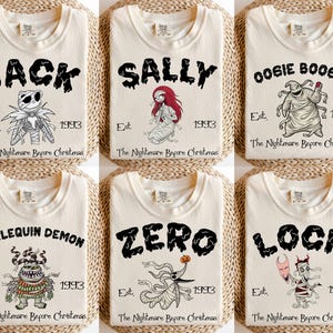 May include: Cream-colored t-shirts featuring characters from "The Nightmare Before Christmas." Each shirt displays a character's name in black, along with an illustration, the year "1993," and the phrase "The Nightmare Before Christmas."