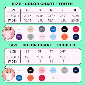 Puede incluir: Una tabla de tallas y colores para camisetas juveniles e infantiles. La tabla incluye tallas XS a XL para j&oacute;venes y 2T a 5-6T para ni&ntilde;os peque&ntilde;os. Los colores incluyen blanco, negro, rojo y m&aacute;s. Medidas en cm.