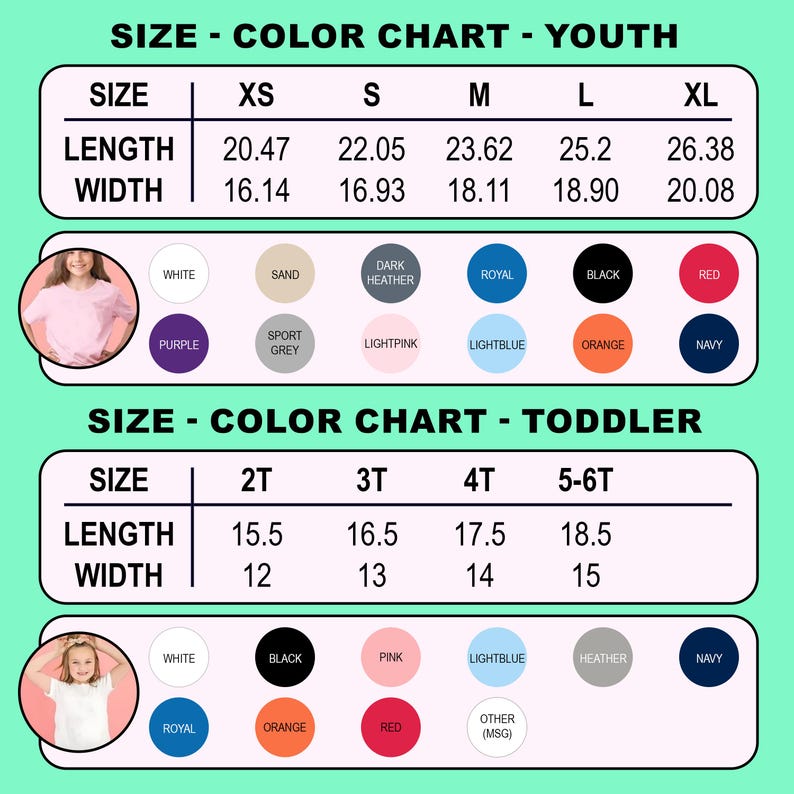 Puede incluir: Una tabla de tallas y colores para camisetas juveniles e infantiles. La tabla incluye tallas XS a XL para j&oacute;venes y 2T a 5-6T para ni&ntilde;os peque&ntilde;os. Los colores incluyen blanco, negro, rojo y m&aacute;s. Medidas en cm.
