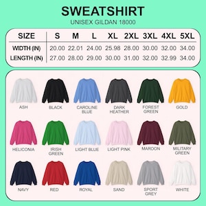 Puede incluir: Imagen de una gama de sudaderas unisex Gildan 18000 en varios colores, como ceniza, negro y azul marino. La tabla de tallas muestra medidas de ancho y largo en pulgadas, de la S a la 5XL, con anchos de 50.8 cm a 86.36 cm.
