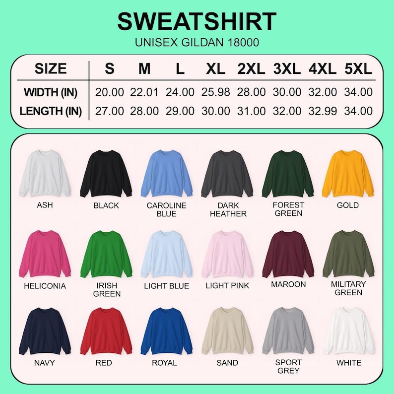 Puede incluir: Imagen de una gama de sudaderas unisex Gildan 18000 en varios colores, como ceniza, negro y azul marino. La tabla de tallas muestra medidas de ancho y largo en pulgadas, de la S a la 5XL, con anchos de 50.8 cm a 86.36 cm.
