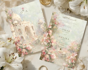 Plantilla de invitación de boda islámica para mezquita, invitación de Nikkah en jardín verde, rosa y pastel, plantilla de Canva para tarjeta de Walima musulmana floral, descarga digital.