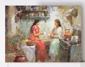 Desi Mother & Daughter Sharing Chai | South Asian Wall Art | Indian Kitchen Painting | Cultural Home Decor Illustration