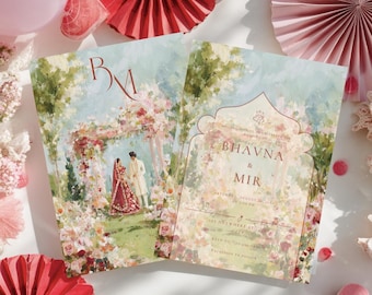 Plantilla de invitación de boda roja india, boda hindú en el jardín Mandap, boda floral del sur de Asia, guardar la fecha, invitación editable en Canva (descarga digital)
