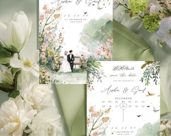 Conjunto de invitaciones de boda islámicas en acuarela, invitación para guardar la fecha y para la ceremonia Nikkah, diseño botánico floral verde, descarga digital editable.