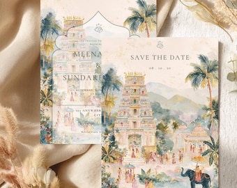 Invitación de boda en un templo del sur de la India, invitación de boda hindú tamil, invitación de boda india con palacio en acuarela y elefante (descarga digital).