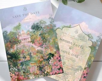 Invitación de boda en el jardín del Palacio Rajput con temática de guepardo y selva. Invitación de boda hindú india desi del sur de Asia (descarga digital).