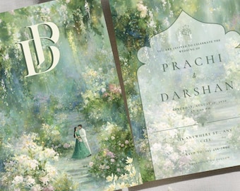 Invitación de boda india con temática de jardín verde y fantasía, invitación de boda hindú con motivos florales y naturales, ideal para parejas desi, romántica y en tonos pastel (descarga digital).