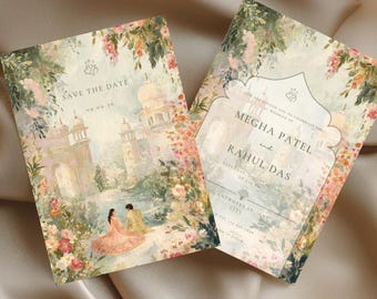 Plantilla de invitación de boda india, romántica, con jardín, palacio, estilo mogol e hindú. Invitación editable para Mehendi, Sangeet y Shaadi (descarga digital).