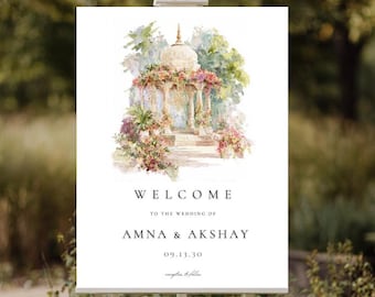 Letrero de bienvenida con diseño floral de acuarela, estilo indio punjabi, estilo surasiático, hindú, para bodas, elegante cartel de entrada para ceremonias, letrero para jardín.