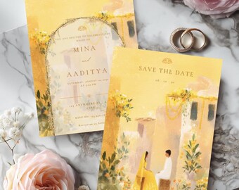 Tarjeta de invitación Haldi, invitación de boda amarilla, ceremonia Pithi, Mehndi, guardar la fecha, boda india/pakistaní, Desi Shaadi (descarga digital)